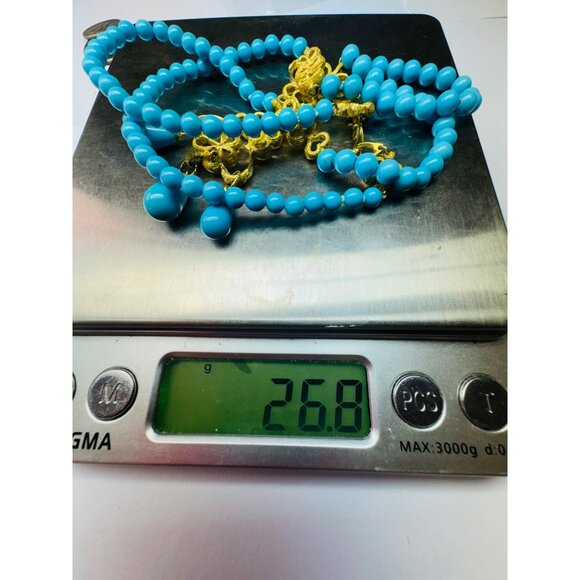 Estate Vintage 18K Gold Turquoise Beaded Necklace Handmade Dangle Drop 18" 26.8g - Picture 9 of 9